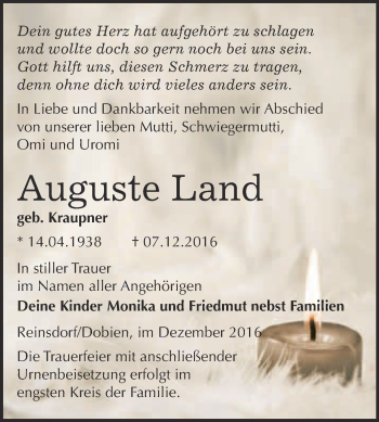 Traueranzeige von Auguste Land von WVG - Wochenspiegel Wittenberg