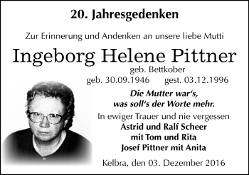 Traueranzeige von Ingeborg Helene Pittner von Mitteldeutsche Zeitung Sangerhausen