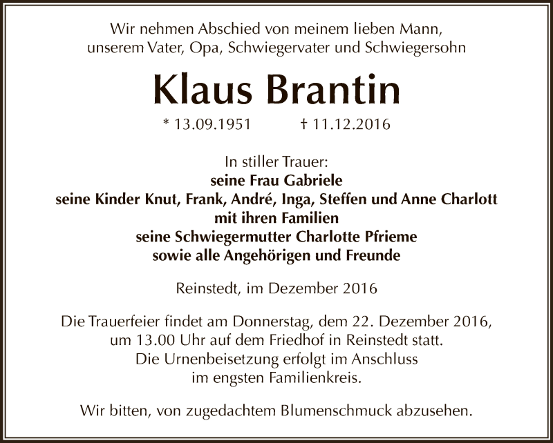  Traueranzeige für Klaus Brantin vom 17.12.2016 aus Super Sonntag Aschersleben