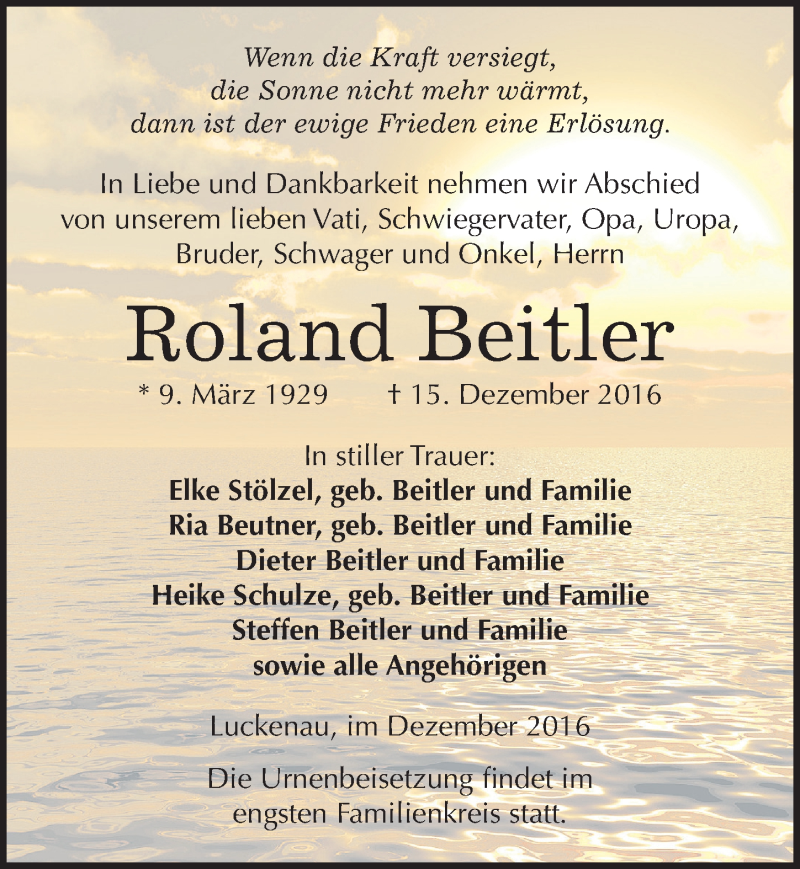  Traueranzeige für Roland Beitler vom 21.12.2016 aus Mitteldeutsche Zeitung Zeitz