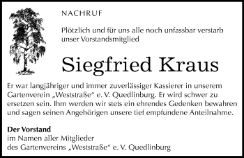 Traueranzeige von Siegfried Kraus von Mitteldeutsche Zeitung Quedlinburg