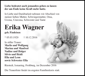 Traueranzeige von Erika Wagner von Super Sonntag SGH Mansf. Land