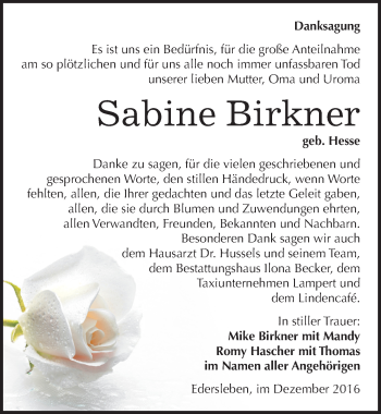Traueranzeige von Sabine Birkner von Mitteldeutsche Zeitung Sangerhausen