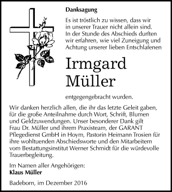 Traueranzeige von Irmgard Müller von WVG - Wochenspiegel Quedlinburg