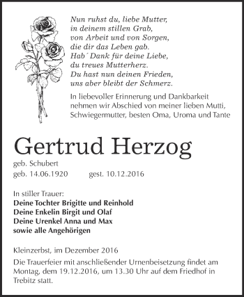Traueranzeige von Gertrud Herzog von WVG - Wochenspiegel Wittenberg