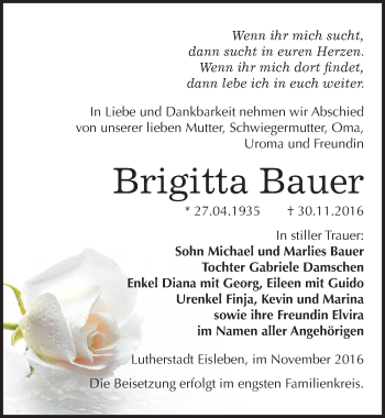 Traueranzeige von Brigitta Bauer von Mitteldeutsche Zeitung Mansfelder Land
