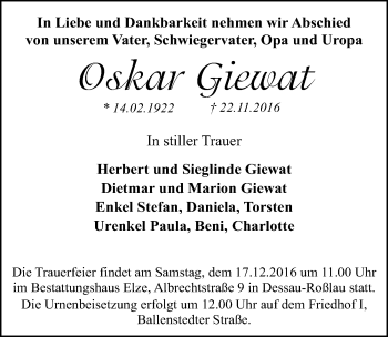 Traueranzeige von Oskar Giewat von Mitteldeutsche Zeitung Dessau-Roßlau