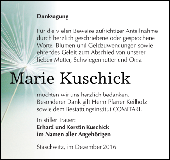 Traueranzeige von Marie Kuschick von Super Sonntag Zeitz