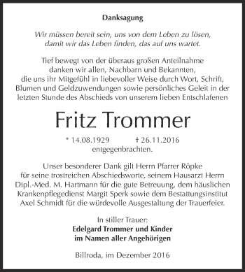 Traueranzeige von Fritz Trommer von WVG - Wochenspiegel NMB / WSF / ZTZ