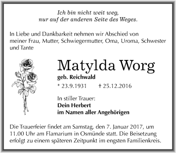 Traueranzeige von Matylda Worg von Mitteldeutsche Zeitung Halle/Saalkreis
