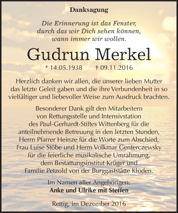 Traueranzeige von Gudrun Merkel von Mitteldeutsche Zeitung Wittenberg