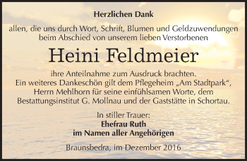 Traueranzeige von Heini Feldmeier von Mitteldeutsche Zeitung Merseburg/Querfurt