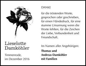 Traueranzeige von Lieselotte Damköhler von Mitteldeutsche Zeitung Quedlinburg