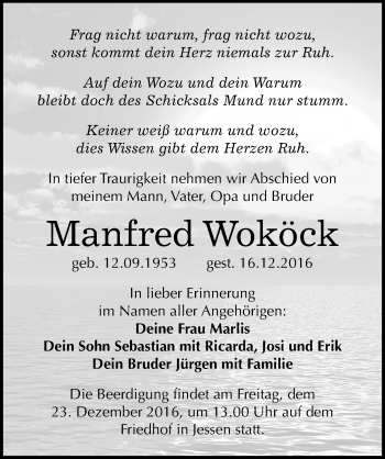 Traueranzeige von Manfred Woköck von Mitteldeutsche Zeitung Wittenberg