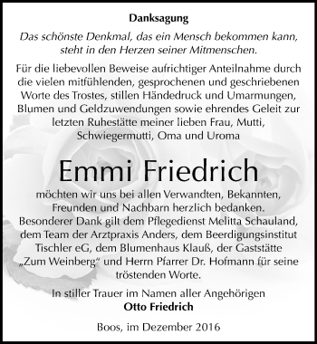 Traueranzeige von Emmi Friedrich von Mitteldeutsche Zeitung Wittenberg