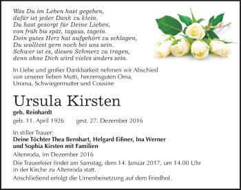 Traueranzeige von Ursula Kirsten von Mitteldeutsche Zeitung Naumburg/Nebra