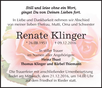 Traueranzeige von Renate Klinger von Mitteldeutsche Zeitung Quedlinburg