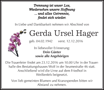 Traueranzeige von Gerda Ursel Hager von Mitteldeutsche Zeitung Weißenfels