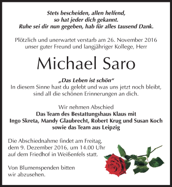 Traueranzeige von Michael Saro von Mitteldeutsche Zeitung Weißenfels