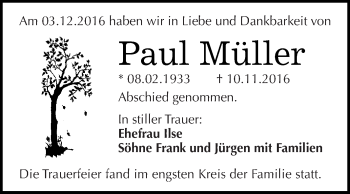 Traueranzeige von Paul Müller von WVG - Wochenspiegel Dessau / Köthen