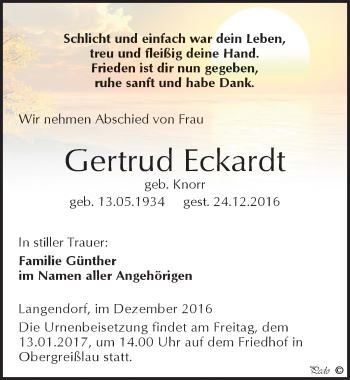 Traueranzeige von Gertrud Eckardt von Mitteldeutsche Zeitung Weißenfels