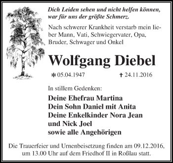 Traueranzeige von Wolfgang Diebel von WVG - Wochenspiegel Dessau / Köthen
