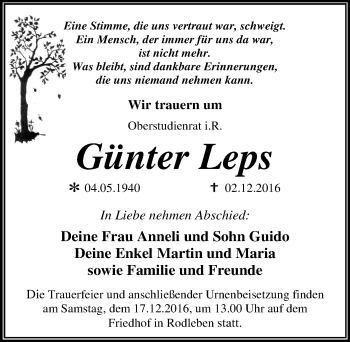 Traueranzeige von Günter Leps von Mitteldeutsche Zeitung Dessau-Roßlau