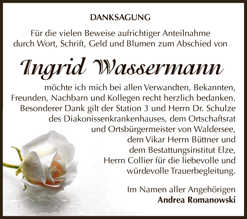  Traueranzeige für Ingrid Wassermann vom 24.12.2016 aus WVG - Wochenspiegel Dessau / Köthen