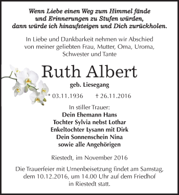 Traueranzeige von Ruth Albert von Mitteldeutsche Zeitung Sangerhausen
