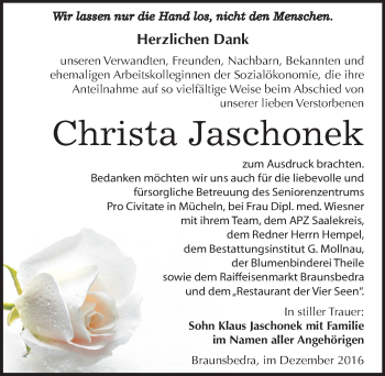 Traueranzeige von Christa Jaschonek von Mitteldeutsche Zeitung Merseburg/Querfurt