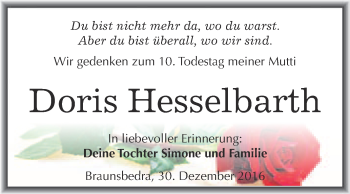 Traueranzeige von Doris Hesselbarth von Super Sonntag Merseburg