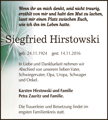 Traueranzeige von Siegfried Hirstowski von WVG - Wochenspiegel Dessau / Köthen