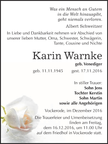 Traueranzeige von Karin Warnke von WVG - Wochenspiegel Wittenberg