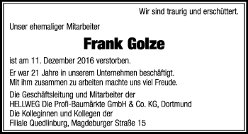 Traueranzeige von Frank Golze von Mitteldeutsche Zeitung Quedlinburg