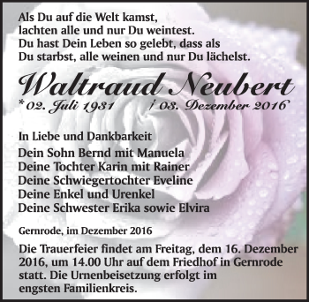 Traueranzeige von Waltraud Neubert von Mitteldeutsche Zeitung Quedlinburg