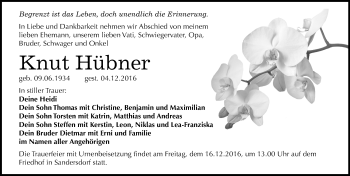 Traueranzeige von Knut Hübner von Mitteldeutsche Zeitung Bitterfeld