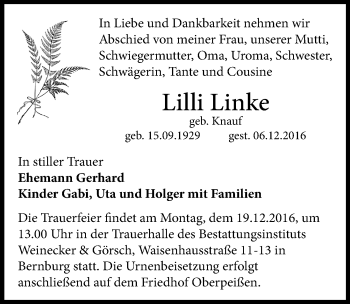 Traueranzeige von Lilli Linke von Mitteldeutsche Zeitung Bernburg