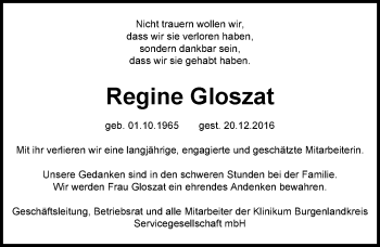 Traueranzeige von Regine Gloszat von Mitteldeutsche Zeitung Naumburg/Nebra