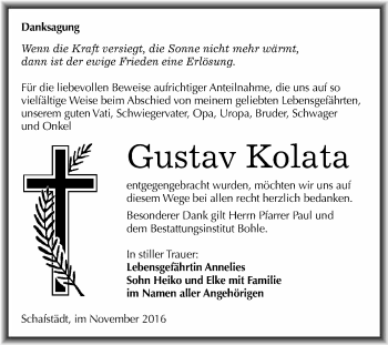 Traueranzeige von Gustav Kolata von WVG - Wochenspiegel Merseburg