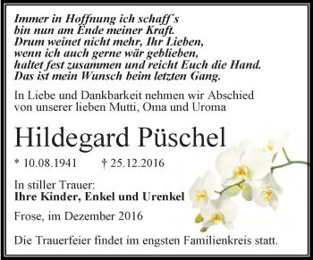 Traueranzeige von Hildegard Püschel von Super Sonntag Aschersleben