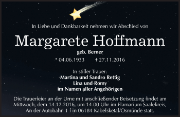 Traueranzeige von Margarete Hoffmann von Mitteldeutsche Zeitung Halle/Saalkreis