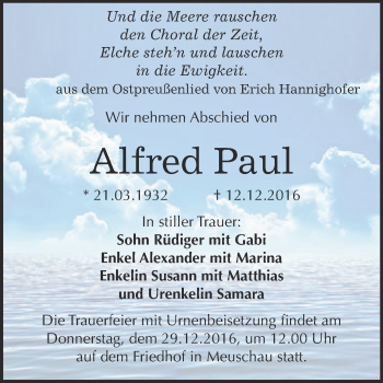 Traueranzeige von Alfred Paul von WVG - Wochenspiegel Merseburg