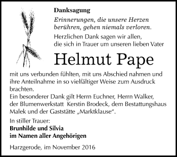 Traueranzeige von Helmut Pape von WVG - Wochenspiegel Quedlinburg