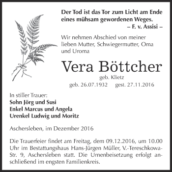Traueranzeige von Vera Böttcher von Super Sonntag Aschersleben