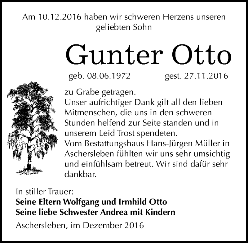  Traueranzeige für Gunter Otto vom 16.12.2016 aus Mitteldeutsche Zeitung Aschersleben