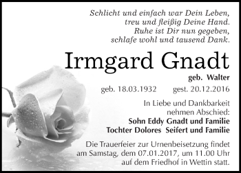 Traueranzeige von Irmgard Gnadt von Super Sonntag Bernburg