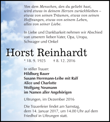 Traueranzeige von Horst Reinhardt von Super Sonntag SGH Mansf. Land