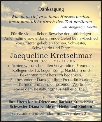 Traueranzeige von Jacqueline Kretschmar von Mitteldeutsche Zeitung Zeitz