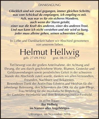 Traueranzeige von Helmut Hellwig von Mitteldeutsche Zeitung Sangerhausen