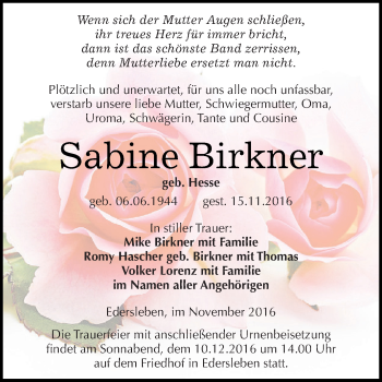 Traueranzeige von Sabine Birkner von Super Sonntag SGH Mansf. Land